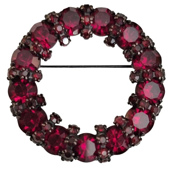 Joseph Warner Red Rhinestone Open Round Japanned Brooch Pin, Signed M173 - Picture 7 of 7